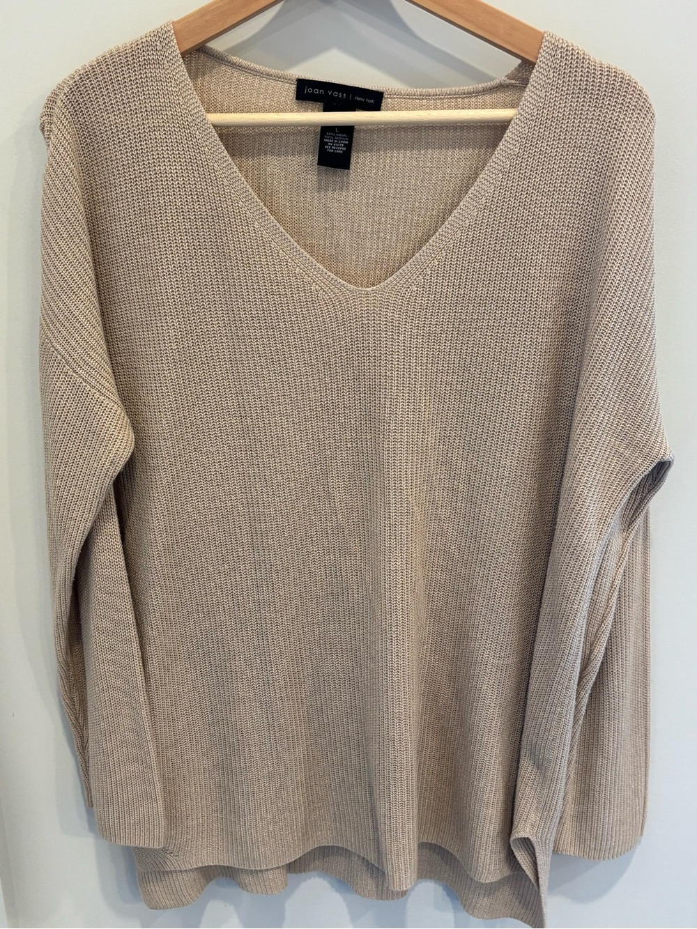 Joan Vass Beige V‑Neck Lightweight Knit Sweater